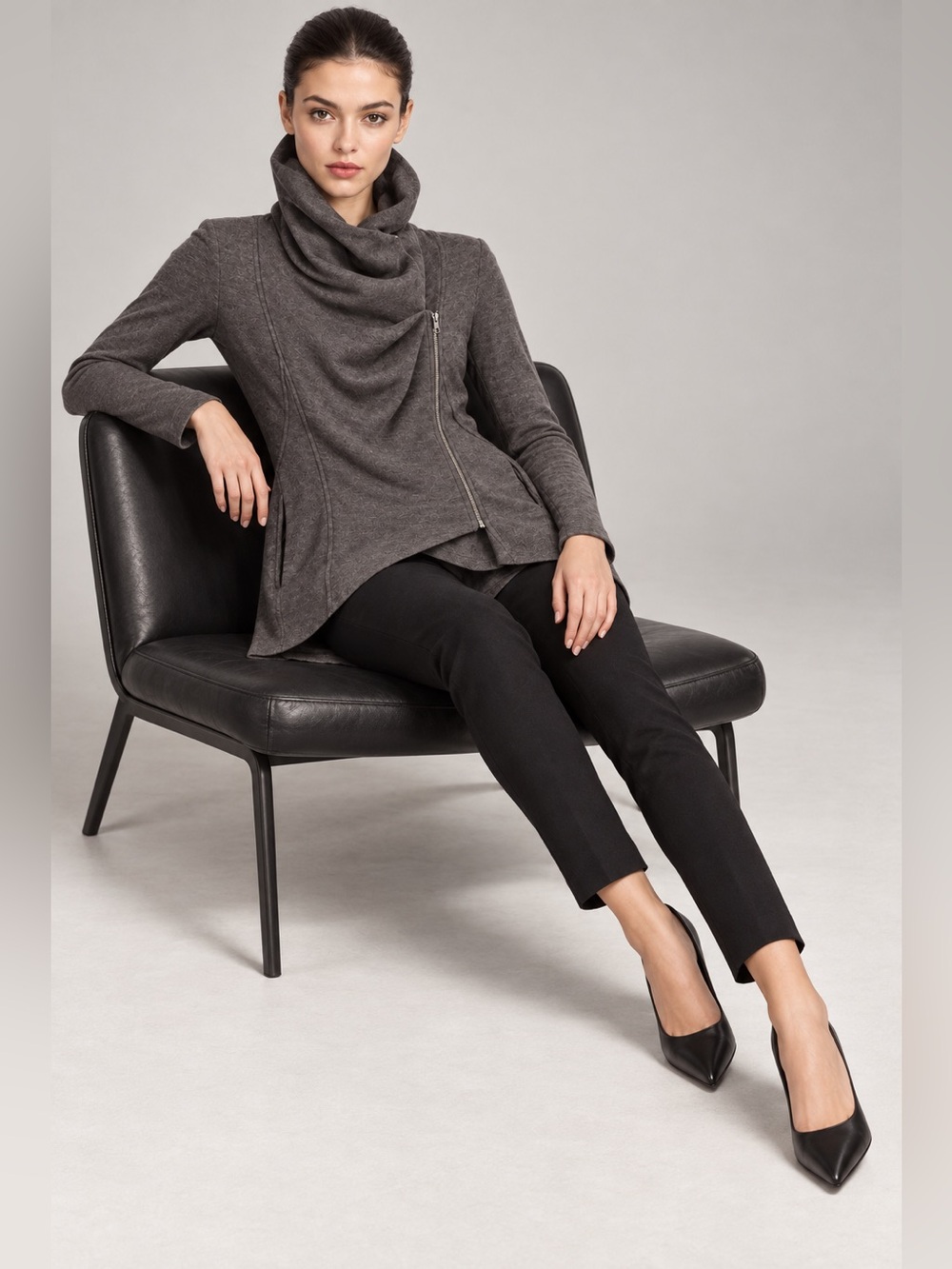 HELMUT Helmut Lang Villous GRAY Wool Draped Cowl Neck Asymmetric Zip Jacket XS